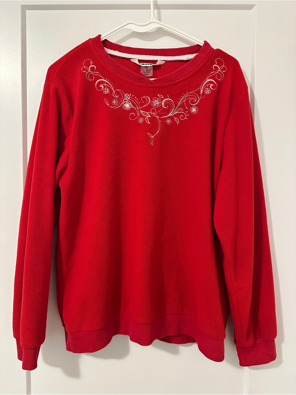 Vintage Alia Red Fleece Pullover With White Floral Festive Design Size Medium